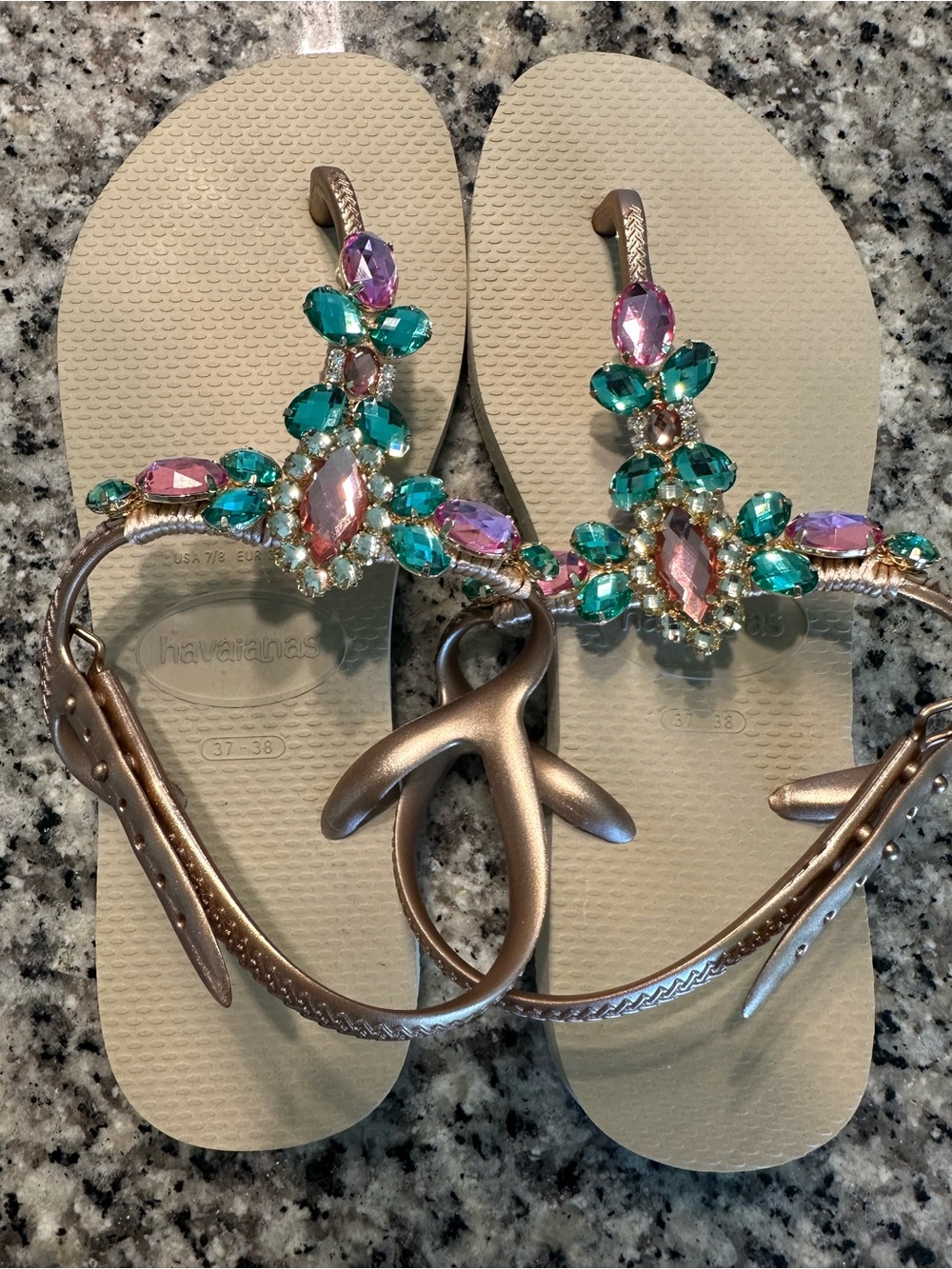 Havaianas Gold-Strap Sandals with Pink & Teal Gem Accents - Picture 2 of 5
